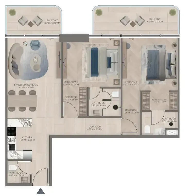 Meriden Beach Residences 2 bed floor plan, 1,200 – 1,218 sqft