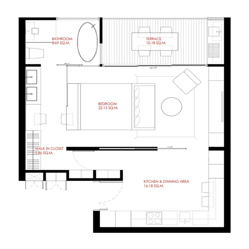 The Liberty by Wallaya Villas 1 bed floor plan, 678 sqft