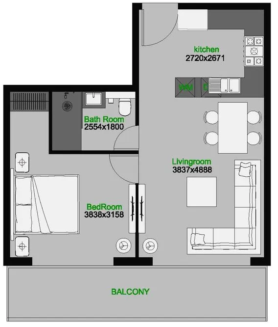The Central Downtown 1 bed floor plan, 719 sqft