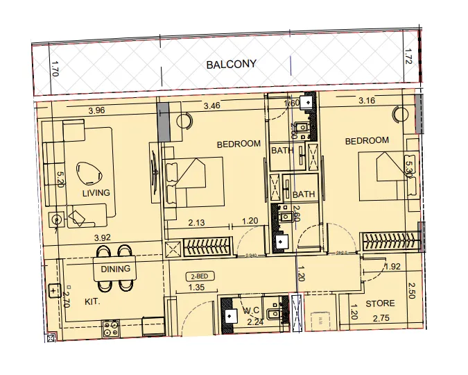 Binghatti Aquarise 2 bed floor plan, 1,335 sqft