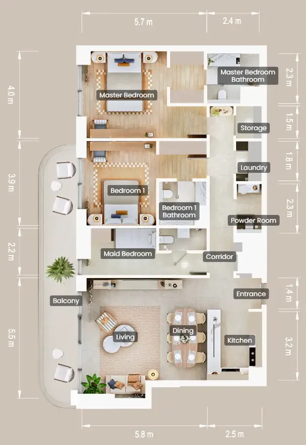 The Beach House Fahid 2 bed floor plan, 1,595 sqft