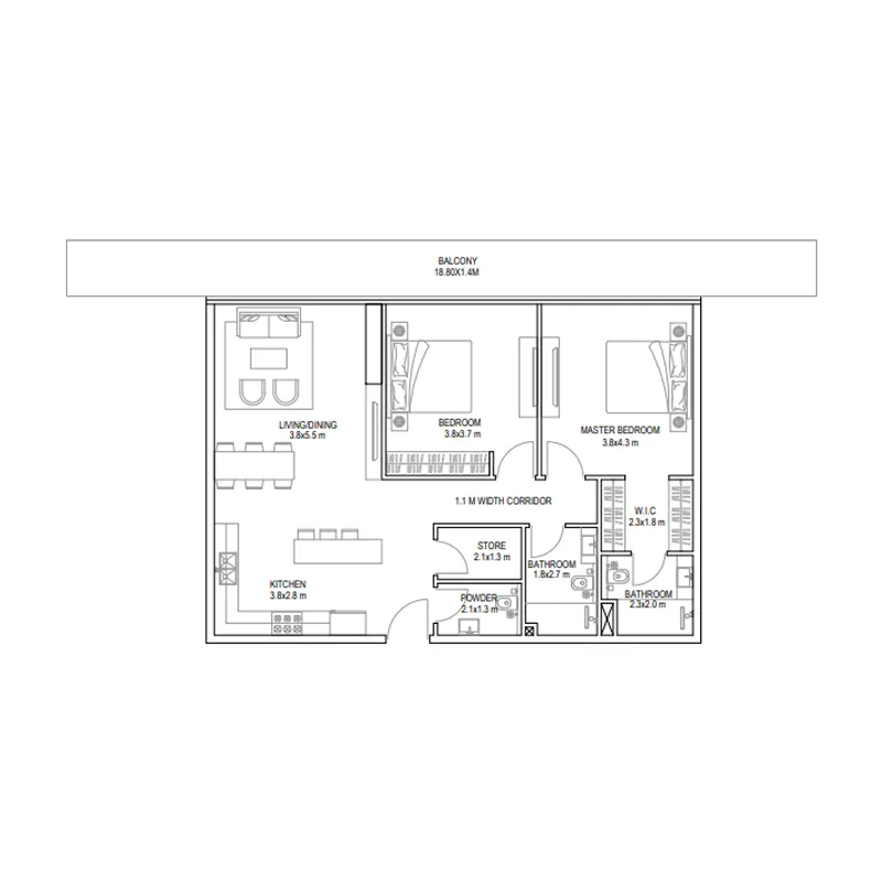 Golf Place 2 bed floor plan, 1,440 sqft