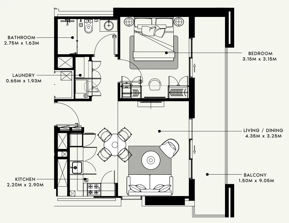 Beach Oasis 1 and 2 1 bed floor plan, 679 sqft
