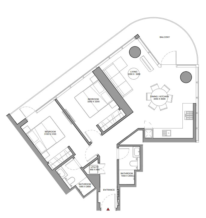 Sobha Solis 2 bed floor plan, 1,125 – 1,126 sqft