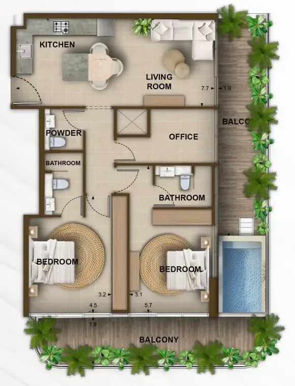 105 Residences by Kamdar 2 bed floor plan, 1,336 sqft