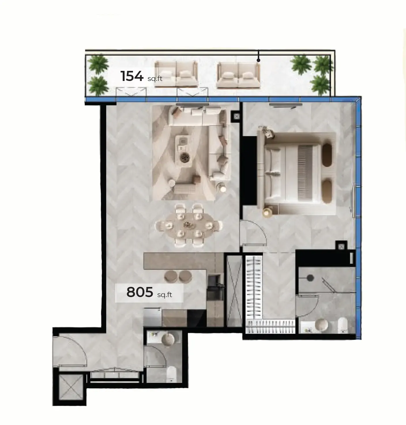 Radiant Terrace 1 bed floor plan, 959 – 979 sqft
