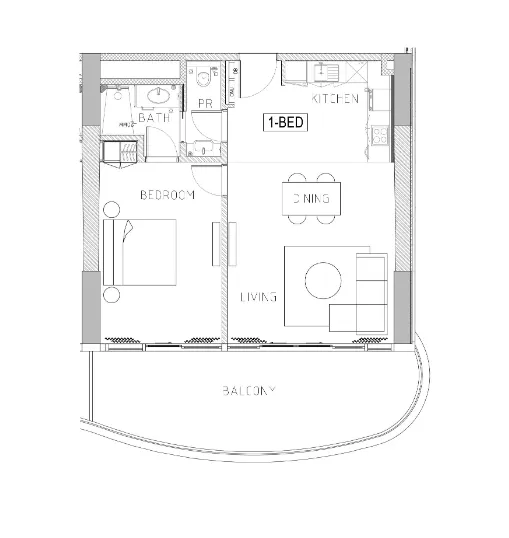 Chic Tower 1 bed floor plan, 972 sqft