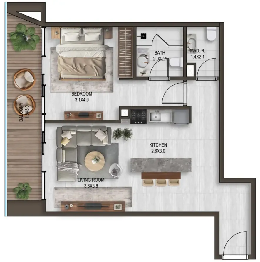 Noore 1 bed floor plan, 869 sqft