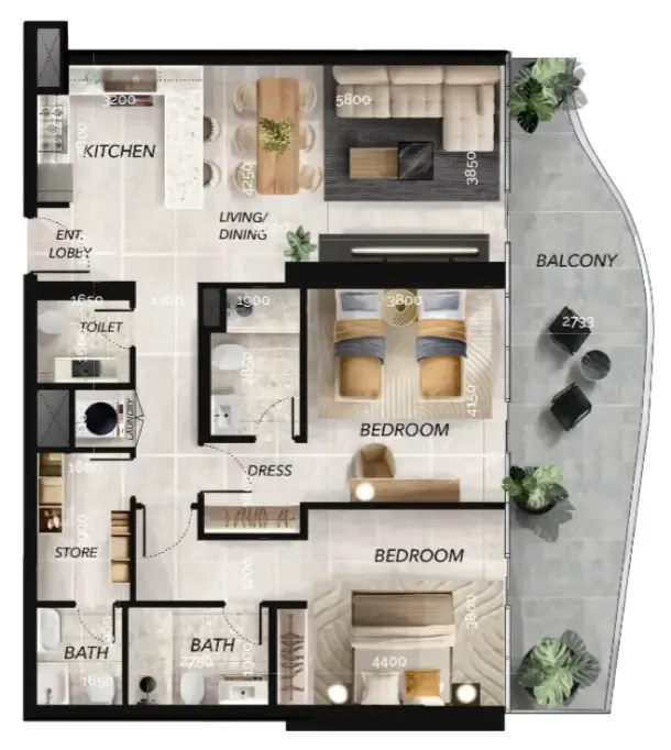 Radiant Waves 2 bed floor plan, 1,491 sqft