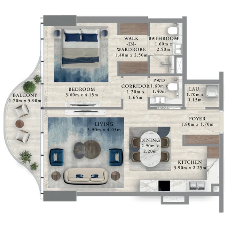 Royal Yacht Club Residence 1 bed floor plan, 821 sqft