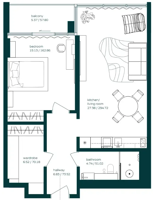 Vibe 1 bed floor plan, 802 sqft