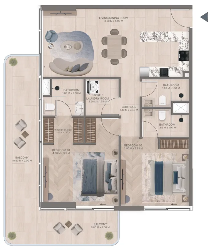 Meriden Beach Residences 2 bed floor plan, 1,378 – 1,382 sqft