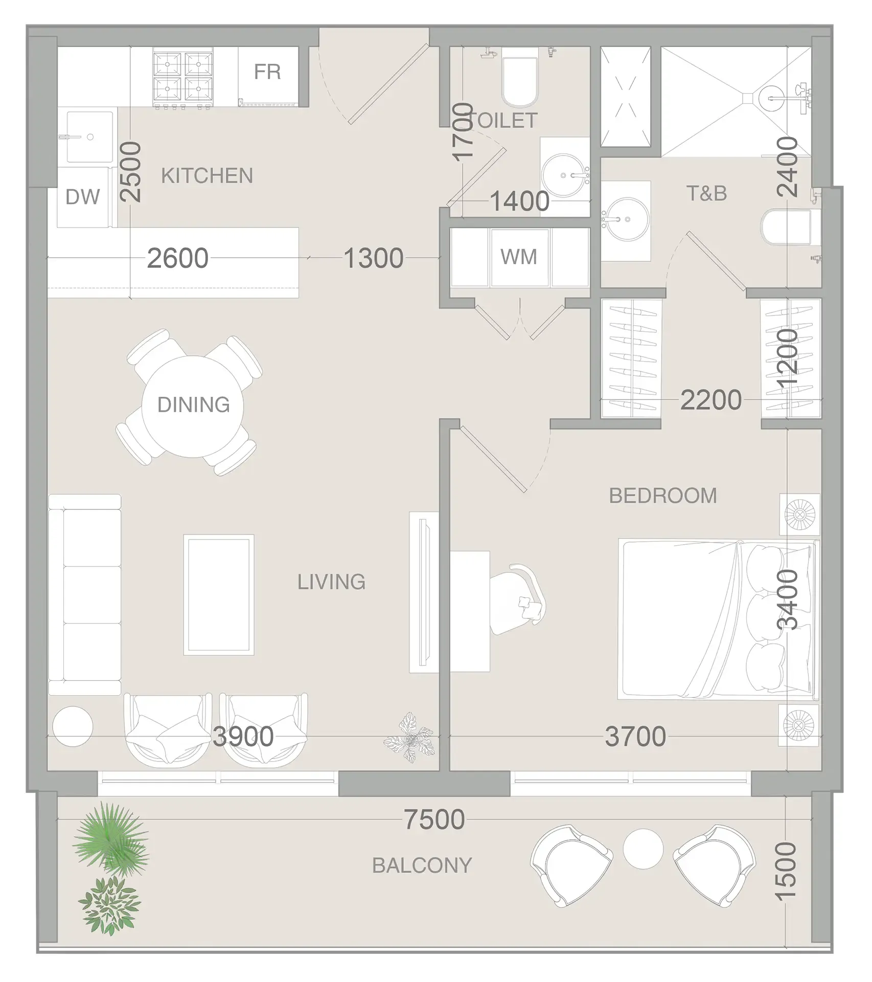 VERDAN1A 3 1 bed floor plan, 761 sqft