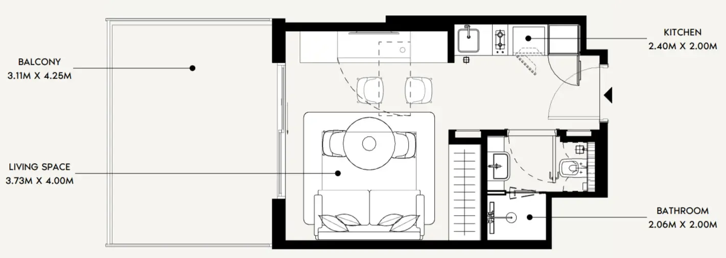 Azizi David Studio floor plan, 424 sqft