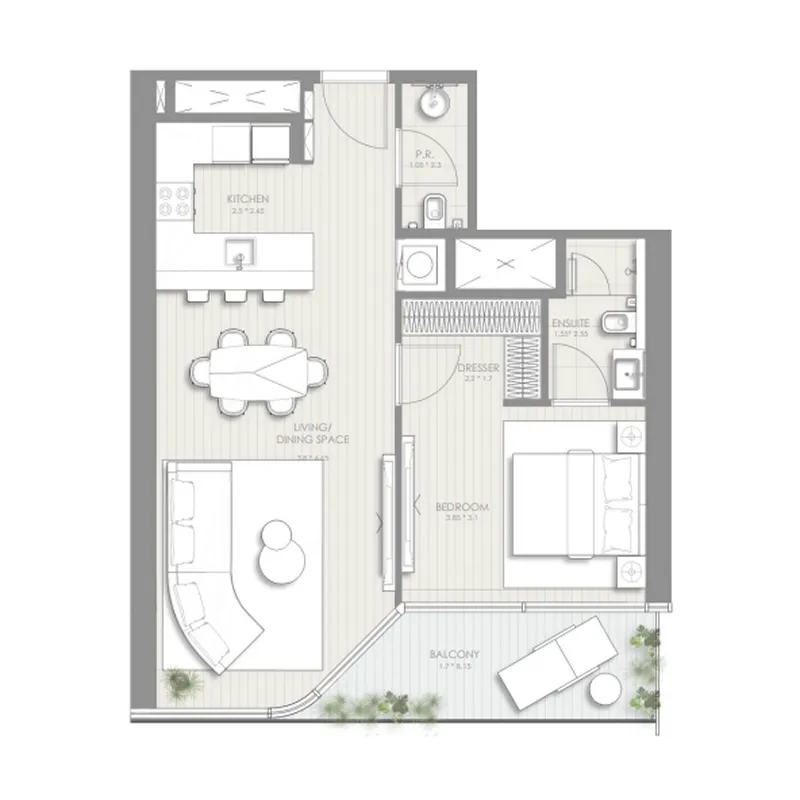Sol Luxe 1 bed floor plan, 784 sqft