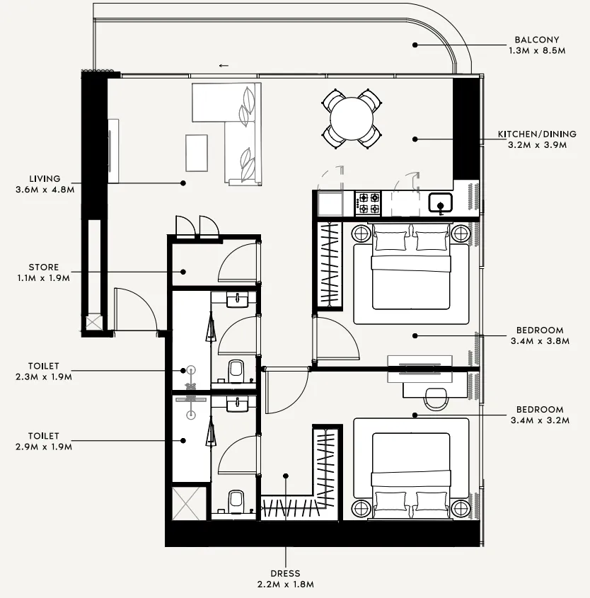 Azizi Milan 2 bed floor plan, 1,075 sqft