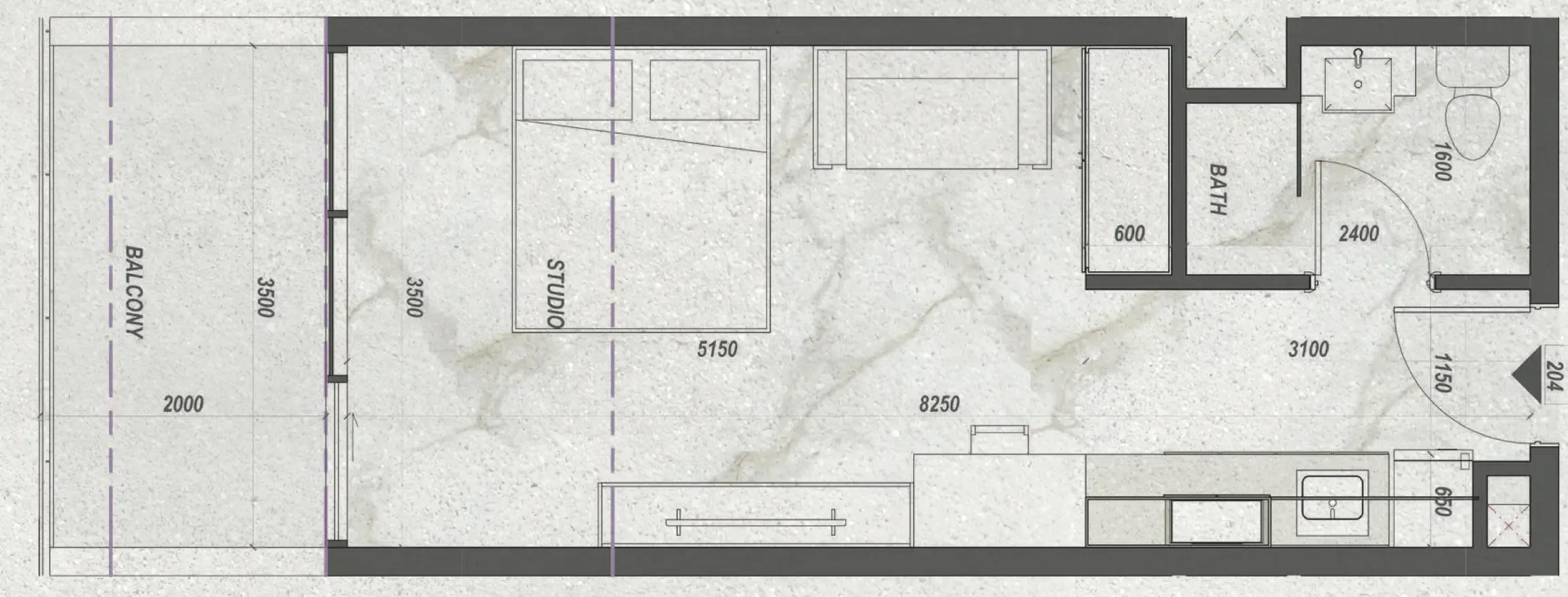 Zyra Hills Studio floor plan, 409 sqft