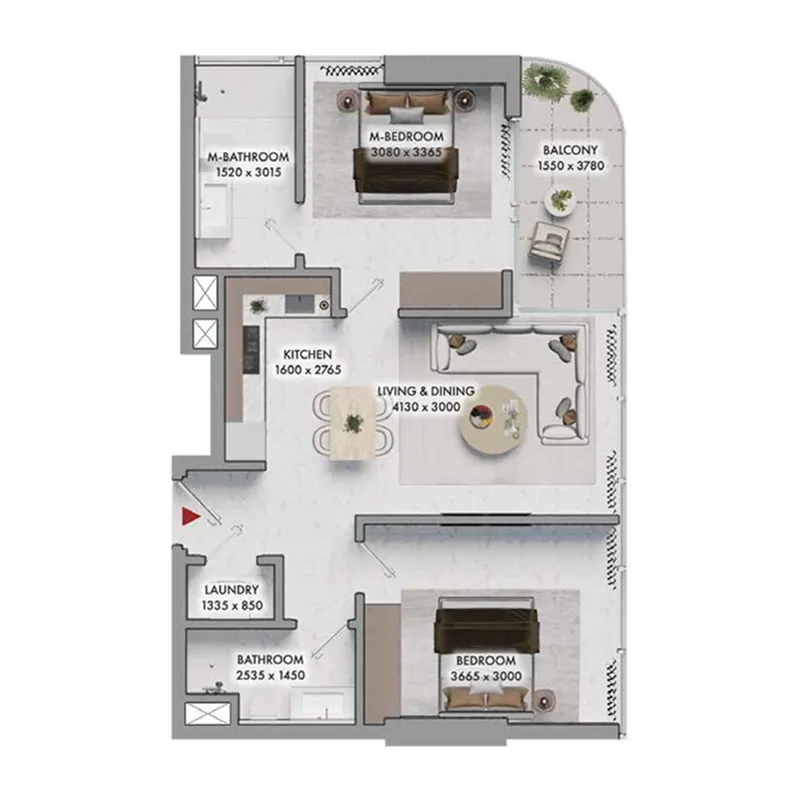 Elmora 2 bed floor plan, 660 sqft