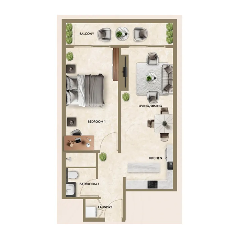 Greenfield Living 1 bed floor plan, 660 – 666 sqft