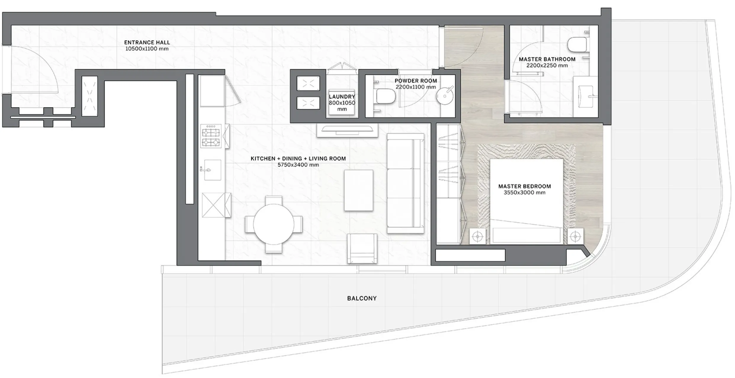 DG1 Living 1 bed floor plan, 1,051 – 1,288 sqft