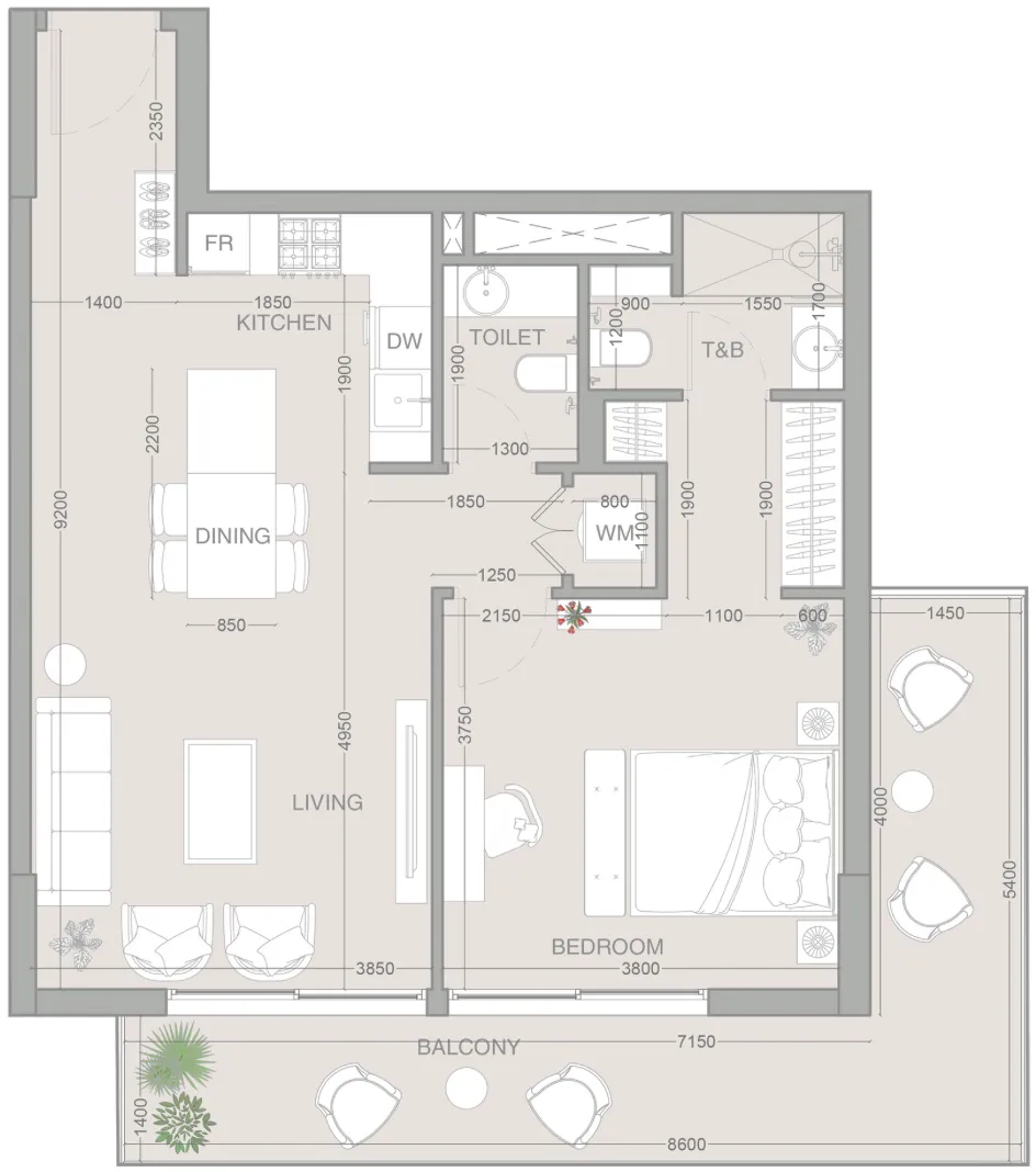 ESSENL1FE Residence 1 bed floor plan, 900 sqft