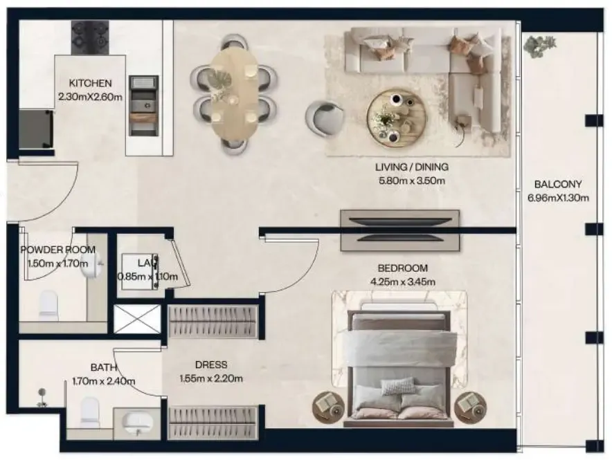 Norah Residence 1 bed floor plan, 764 sqft