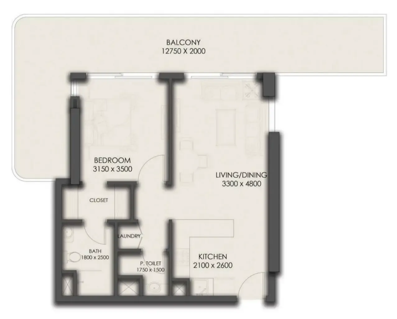 Park Residency 1 bed floor plan, 915 sqft