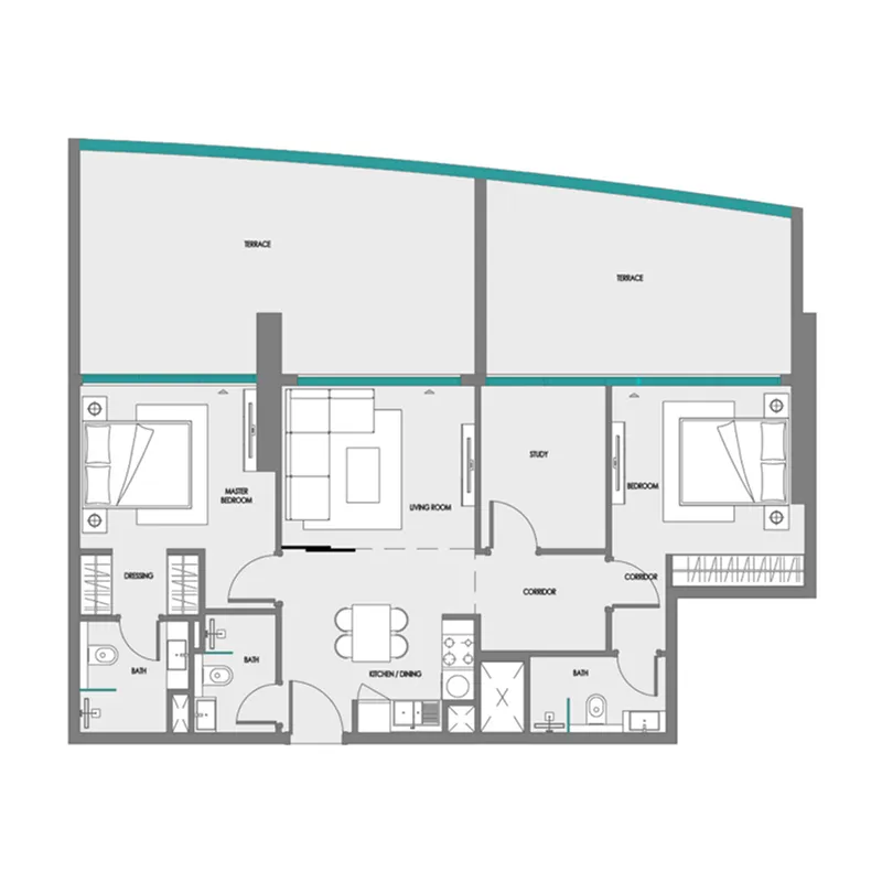 Green Field 2 bed floor plan, 1,154 – 1,401 sqft