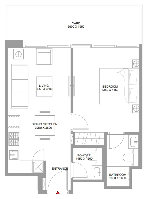 Pristine Beach Residences 1 bed floor plan, 662 – 664 sqft