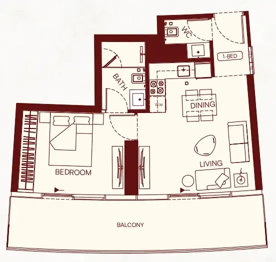Binghatti Skyflame 1 bed floor plan, 721 sqft