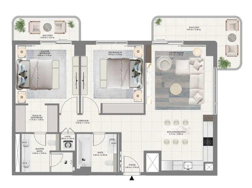 Porto View 2 bed floor plan, 1,283 sqft