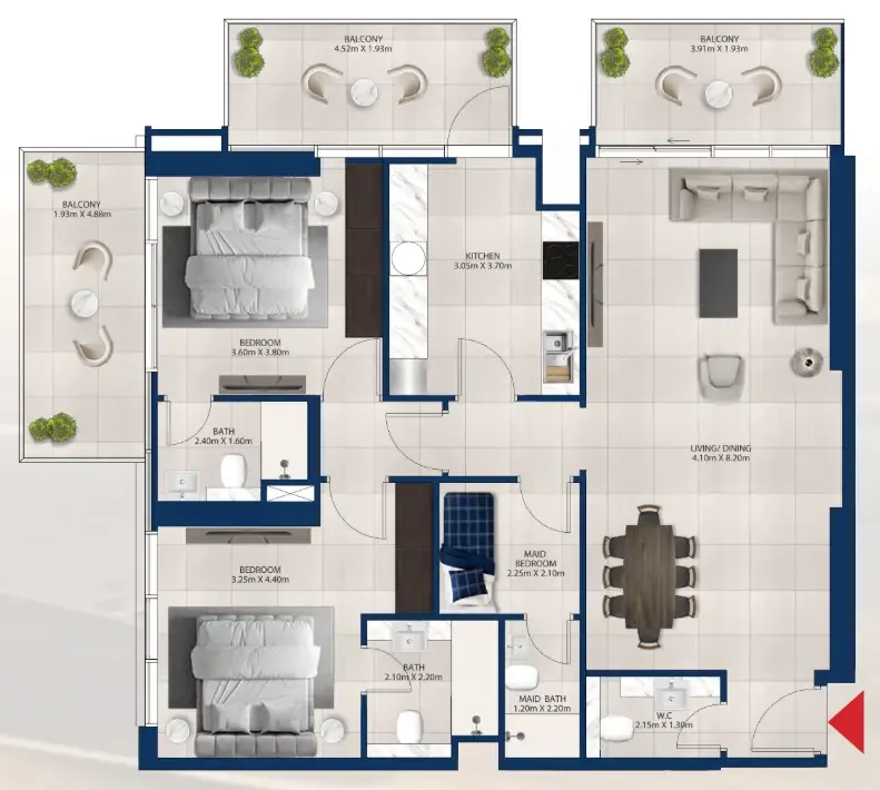 Al Vista 2 bed floor plan, 1,450 sqft