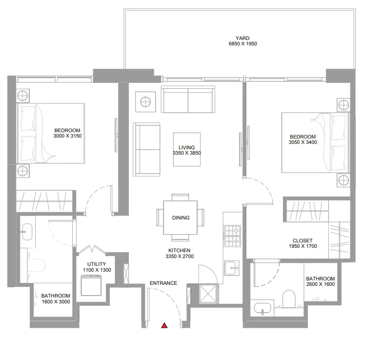 Pristine Beach Residences 2 bed floor plan, 907 sqft