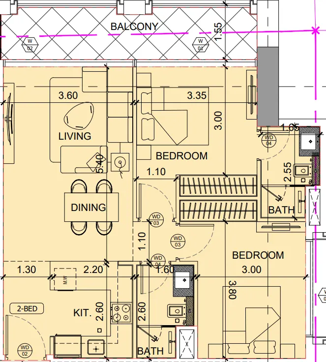 Binghatti Twilight 2 bed floor plan, 876 sqft