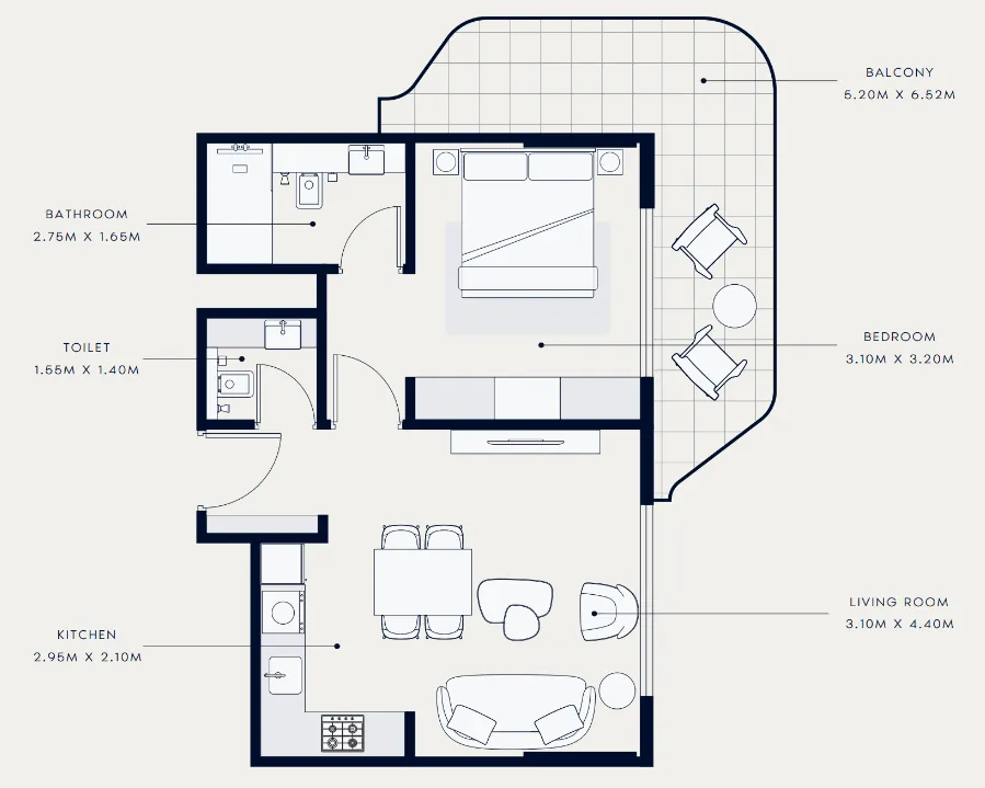 Azizi Venice 1 bed floor plan, 689 sqft