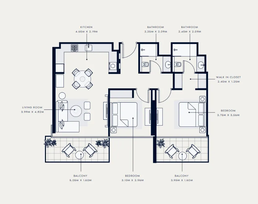 Azizi Venice 2 bed floor plan, 1,069 sqft