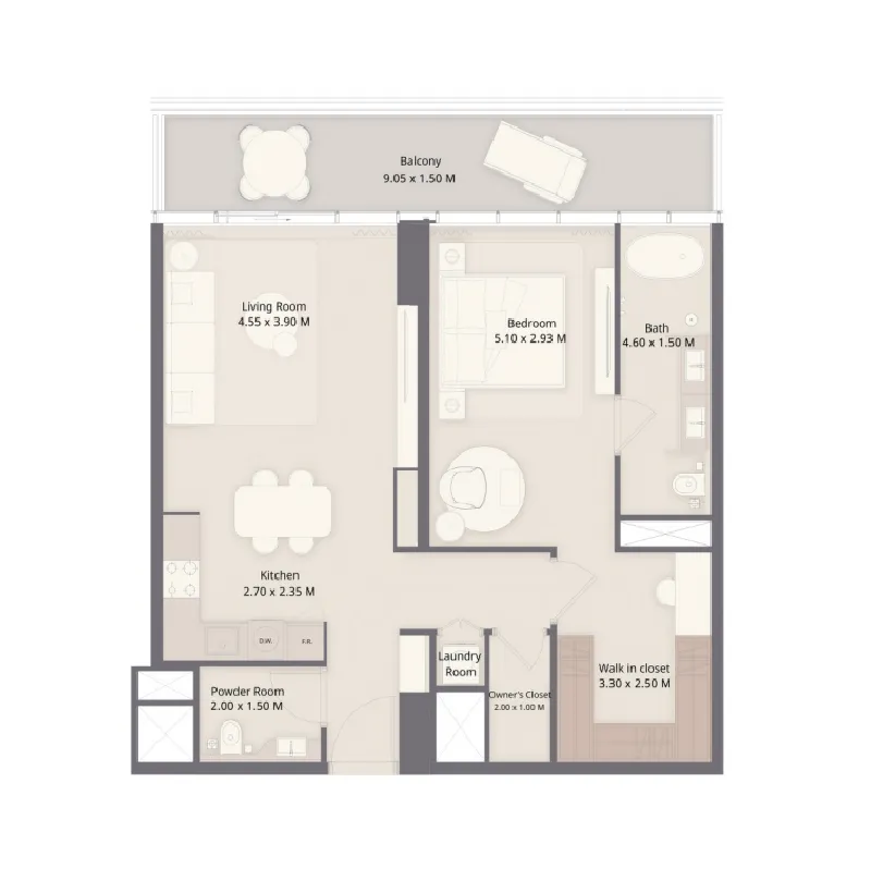 The Residences at Sheraton Al Marjan Island Resort Phase 1 & 2 1 bed floor plan, 993 – 1,038 sqft