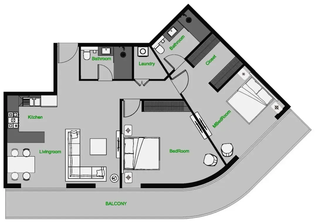 The Central Downtown 2 bed floor plan, 1,455 sqft