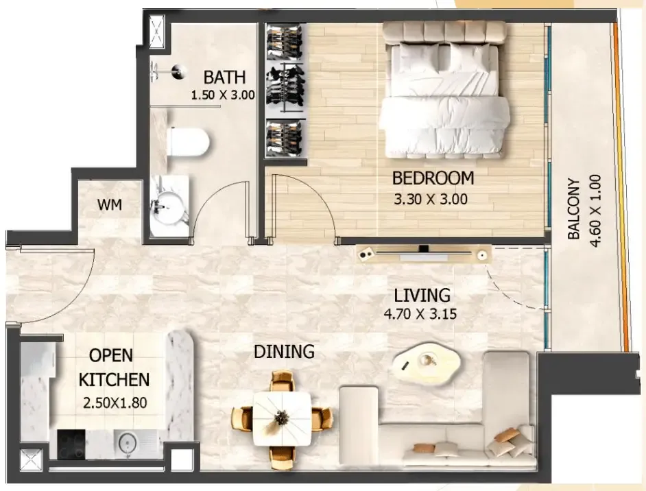 Crystal Tower by VHS 1 bed floor plan, 515 sqft