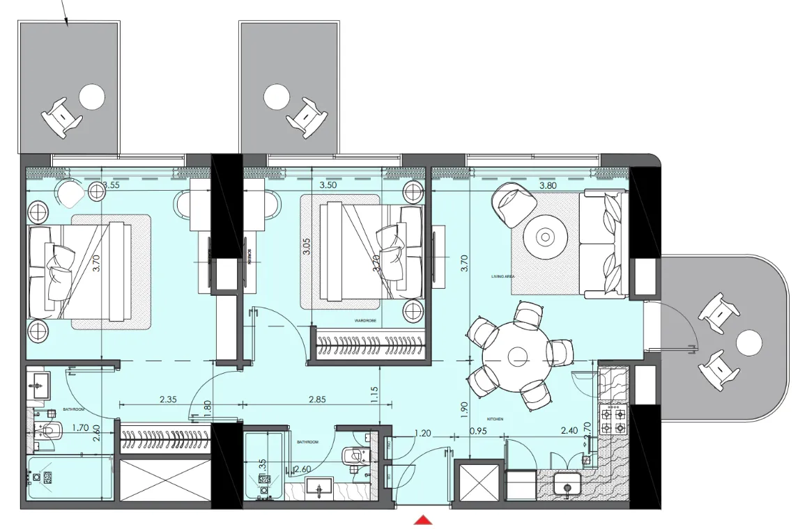 Azizi Wasel 2 bed floor plan, 982 sqft
