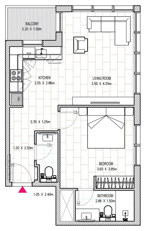 Al Mamsha Sharjah 1 bed floor plan, 648 sqft