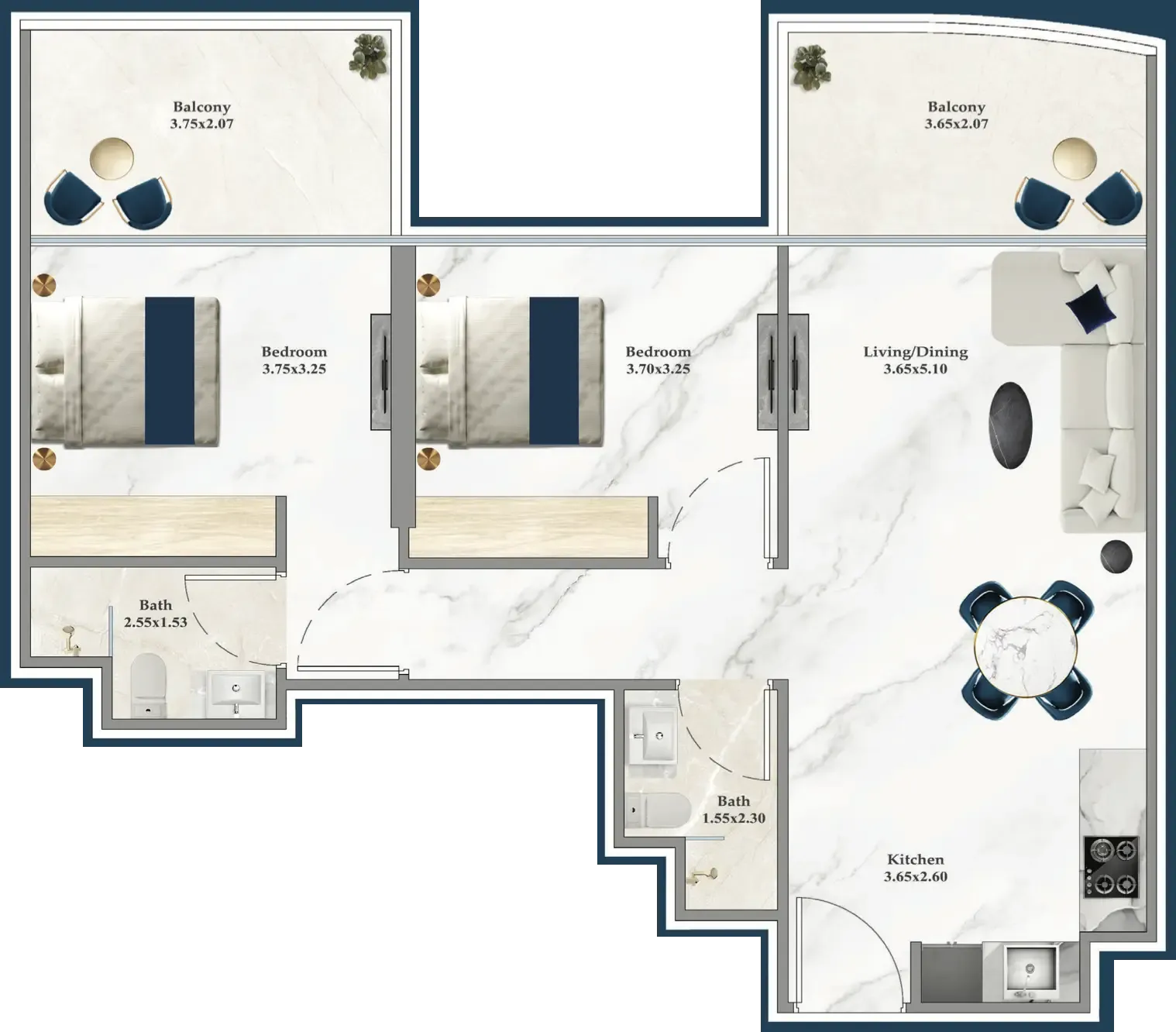 Serenz 2 bed floor plan, 863 sqft