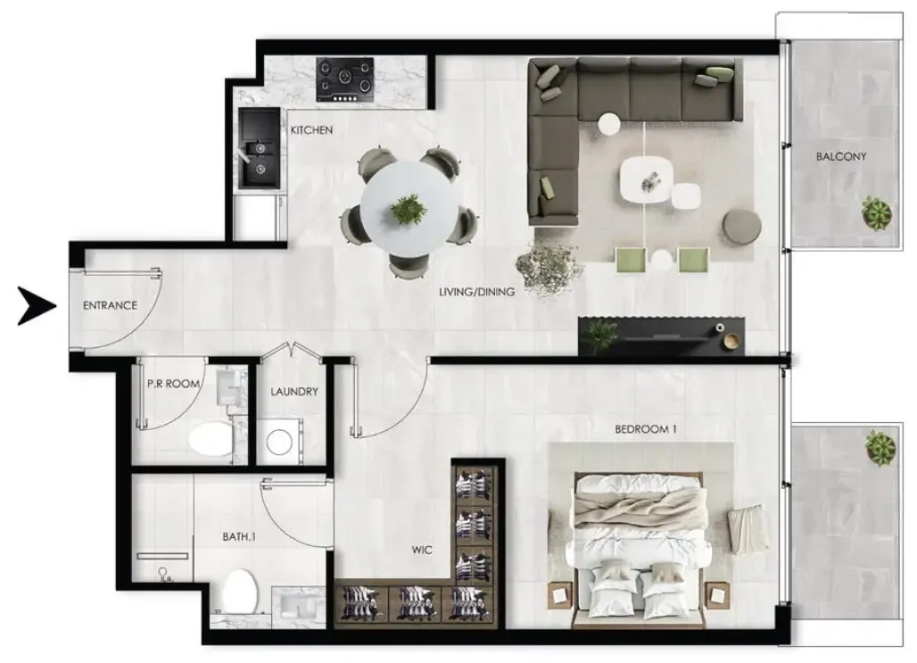 The Willows Residences 1 bed floor plan, 742 sqft