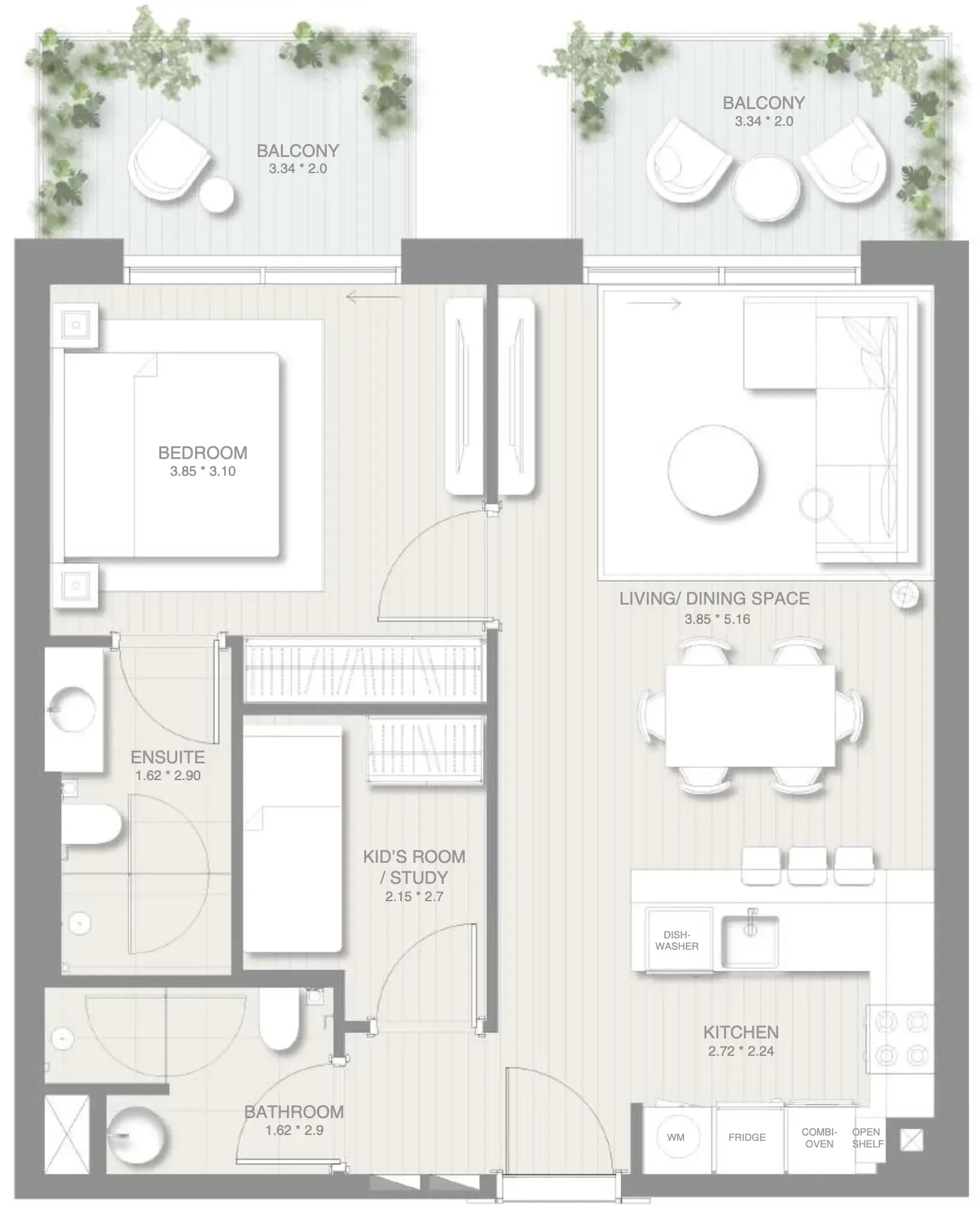 Sol Levante 1 bed floor plan, 842 sqft