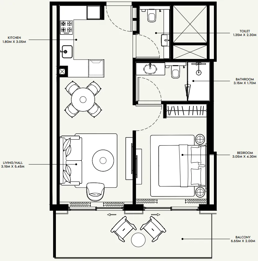 Azizi Venice 1 bed floor plan, 735 sqft