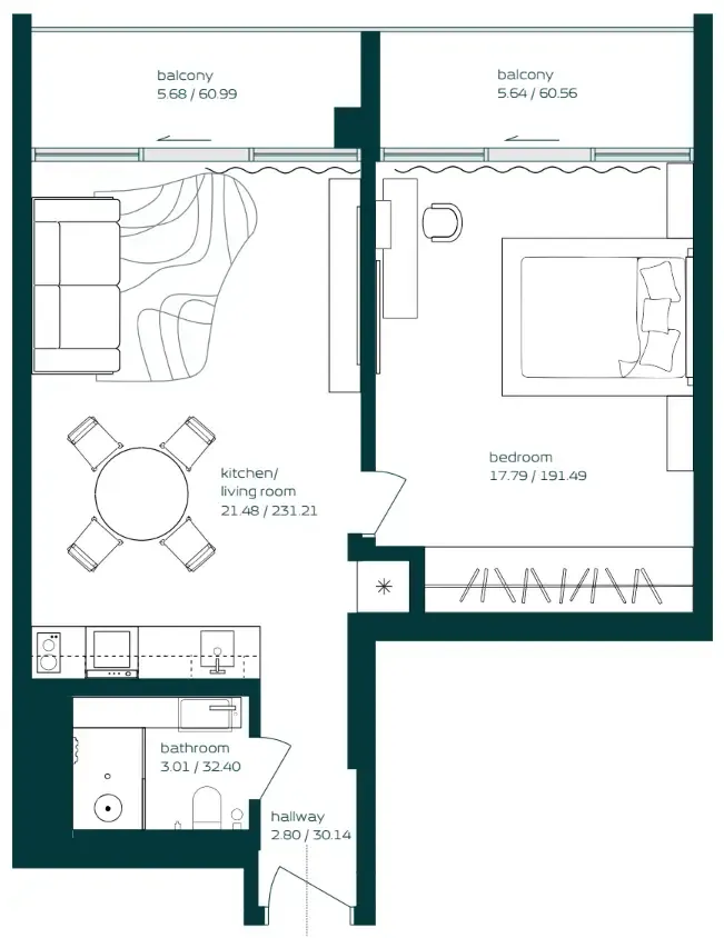 Vibe 1 bed floor plan, 685 sqft