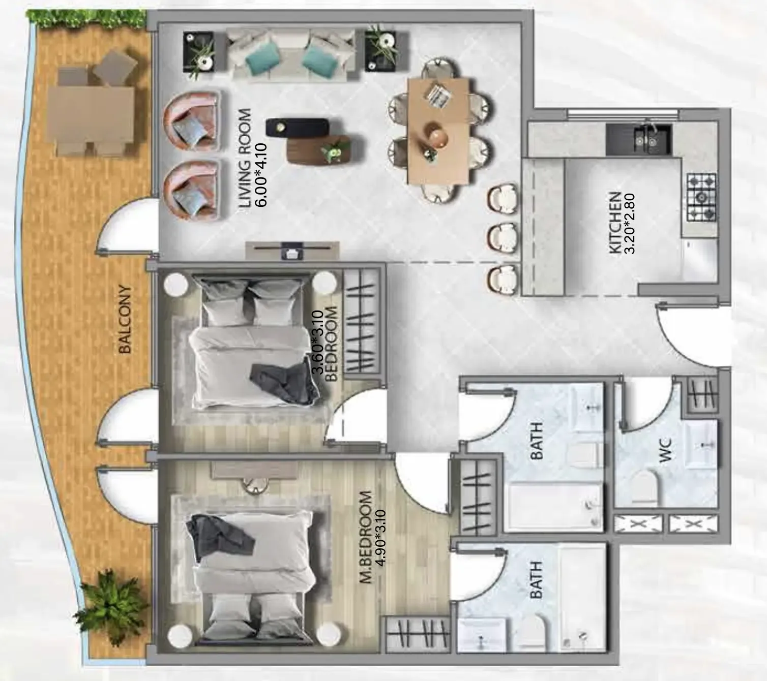 311 Boulevard 2 bed floor plan, 1,206 sqft