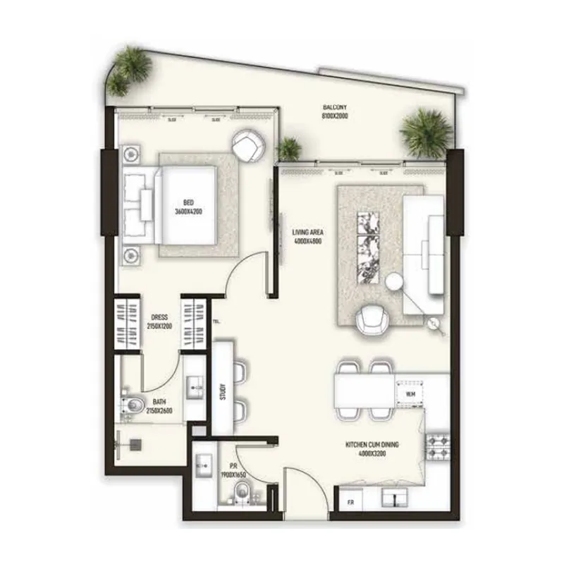 Sonate Residences 1 bed floor plan, 884 sqft