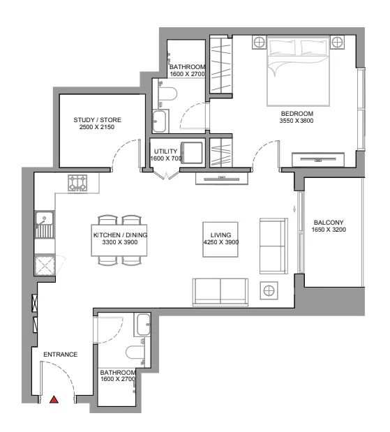 Skyscape 1 bed floor plan, 1,097 – 1,143 sqft