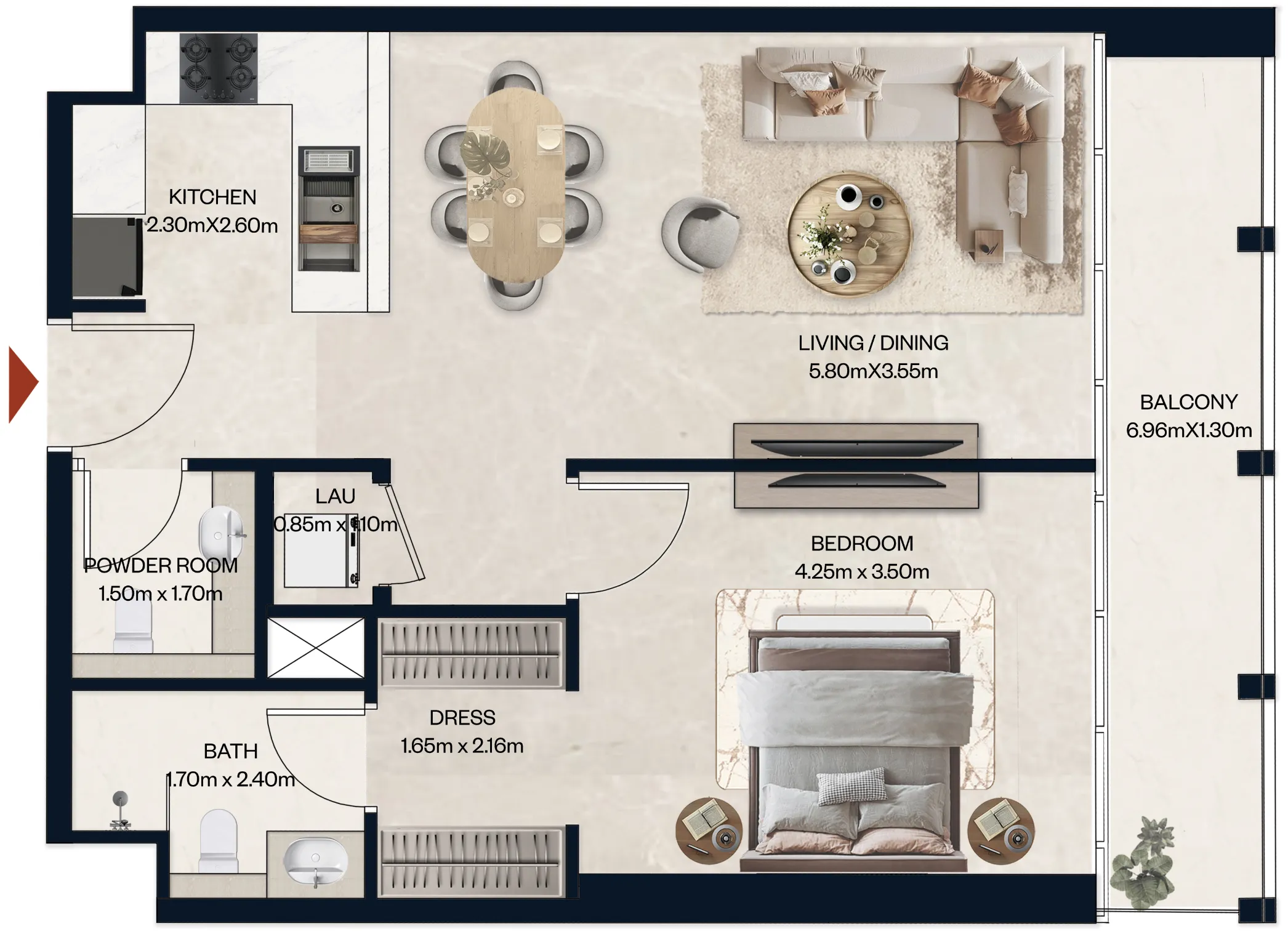Norah Residence 1 bed floor plan, 764 sqft